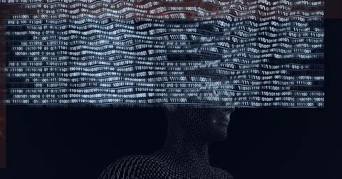 Composition of binary coding and digital human face 库存插图