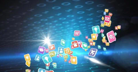 Composition of binary coding and digital colourful icons 库存照片