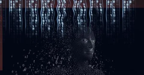 Composition of binary coding and exploding human bust Illustrazione stock