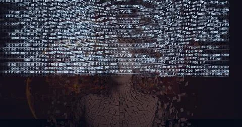 Composition of binary coding and exploding human bust Illustrazione stock