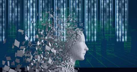 Composition of binary coding and exploding human bust Illustrazione stock