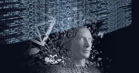 Composition of binary coding and exploding human bust 스톡 일러스트