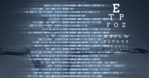 Composition of binary coding and eye test screen over human body Stock Illustration