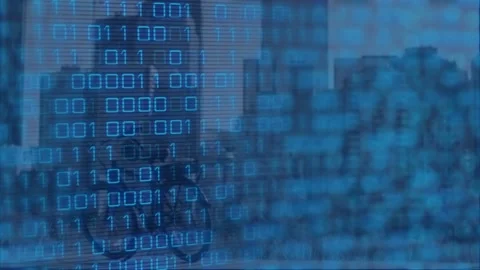 Composition of binary coding and financial data processing on blue background Stock Footage 327528663