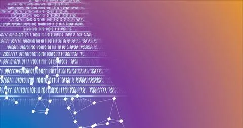 Composition of binary coding and network of connections on orange to purple Stock Illustration