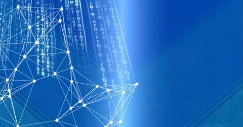 Composition of binary coding and network of connections on blue background Stockillustratie