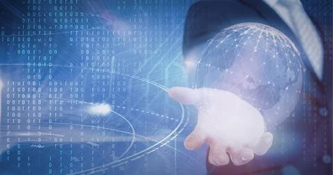 Composition of binary coding and network of digital icons forming globe over 스톡 사진