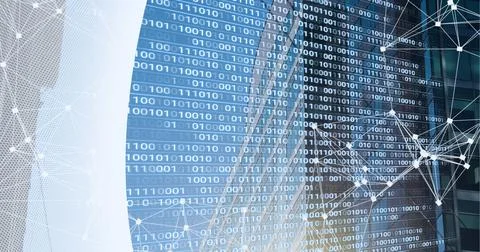 Composition of binary coding and networks of connections over cityscape Stock Illustration
