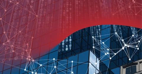 Composition of binary coding and networks of connections over cityscape 스톡 일러스트