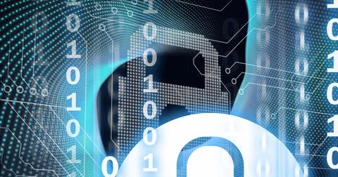 Composition of binary coding and security padlock over computer circuit board Stock Illustration