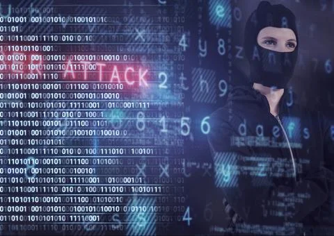 Composition of binary coding, cyber attack text with data processing over female Foto stock