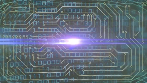 Composition of binary coding data processing over glowing computer circuit board Stock Footage 328974137