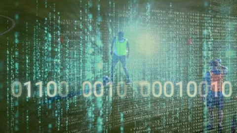 Composition of binary coding data processing over exploding human busts Stock Footage 330771546