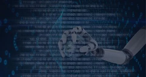 Composition of binary coding data processing over robot holding globe Illustrazione stock