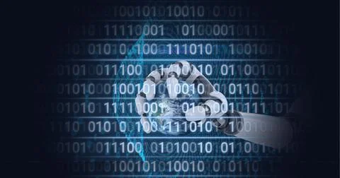 Composition of binary coding data processing over robot holding globe Stock Illustration
