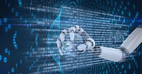 Composition of binary coding data processing over robot holding globe Illustrazione stock