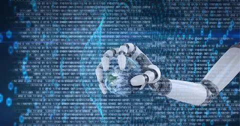 Composition of binary coding data processing over robot holding globe Stock Illustration