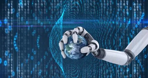 Composition of binary coding data processing over robot holding globe Stock Illustration