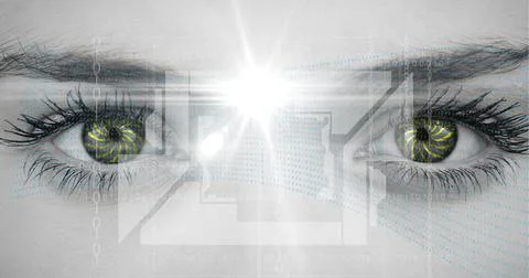 Composition of binary coding data processing over woman's face Stock Photos