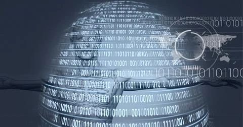 Composition of binary coding globe over human body Illustrazione stock