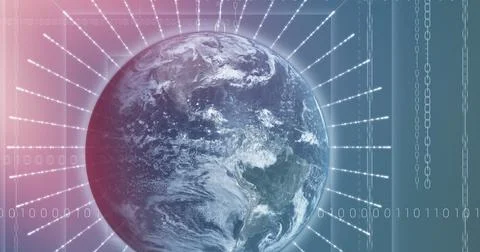 Composition of binary coding with glowing globe Illustrazione stock