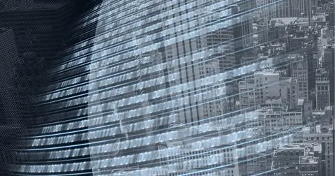 Composition of binary coding with grey curved banner over cityscape 库存插图