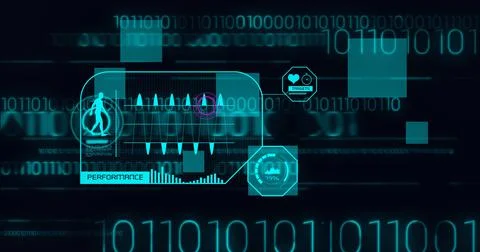 Composition of binary coding, human icon and data processing on screen circle on Stockillustratie