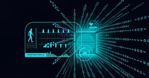Composition of binary coding, human icon and data processing on screen circle on Stockillustratie