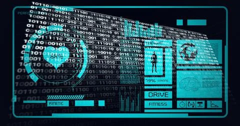 Composition of binary coding, medical icons and data processing on screen on Stock Illustration