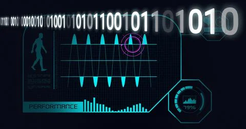 Composition of binary coding, medical icons and data processing on screen on Illustrazione stock