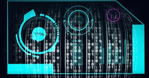 Composition of binary coding, medical icons and data processing on screen on 스톡 일러스트