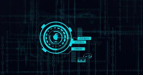Composition of binary coding, medical icons and data processing on screen circle Stockillustratie