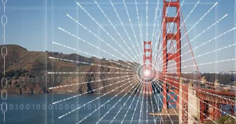 Composition of binary coding, network of light trails and connections over Stock Photos