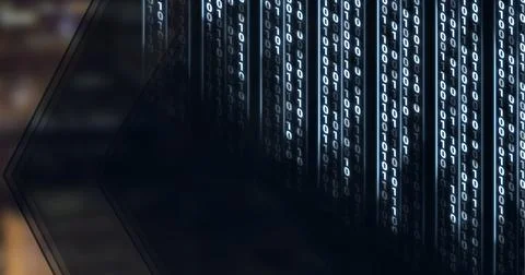 Composition of binary coding over arrow and out of focus cityscape 库存插图