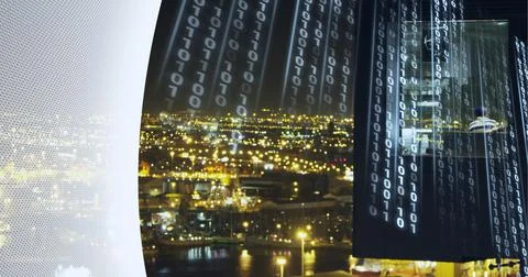 Composition of binary coding over cityscape at night and white edge Illustrazione stock