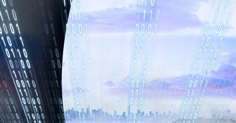 Composition of binary coding over cityscape and grey edge Illustrazione stock