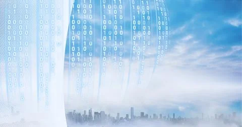 Composition of binary coding over cityscape and white edge Illustrazione stock