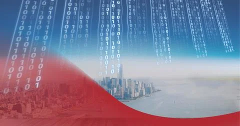 Composition of binary coding over cityscape and red background 스톡 일러스트