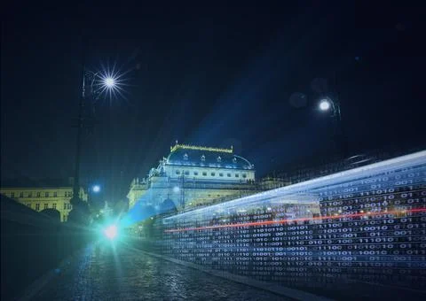 Composition of binary coding over cityscape at night Stock Photos