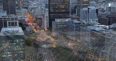 Composition of binary coding over cityscape Foto stock