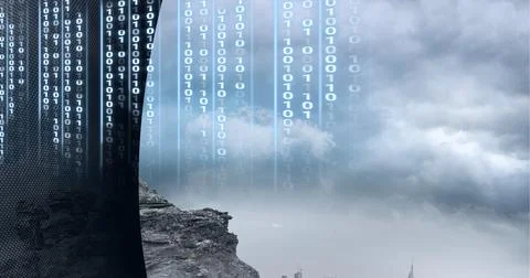 Composition of binary coding over clouds, landscape and grey edge 库存插图