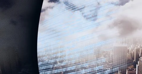 Composition of binary coding over clouds, cityscape and black background 库存照片