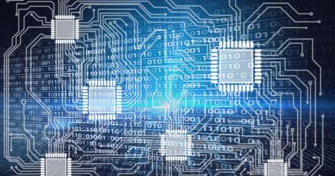 Composition of binary coding over computer processor circuit board Stock Illustration