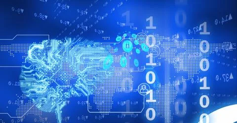 Composition of binary coding over computer circuit board and world map Stock Photos
