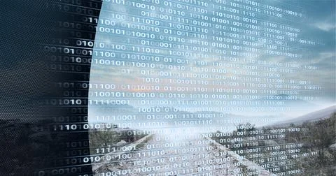 Composition of binary coding over countryside landscape 스톡 일러스트