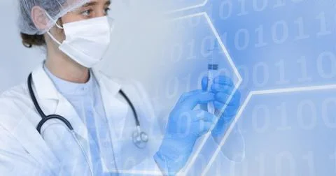 Composition of binary coding over doctor in face mask with syringe Stock Photos