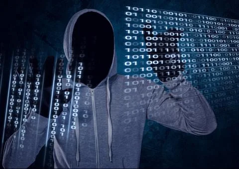 Composition of binary coding over hacker in hood touching interactive screen Stock Photos