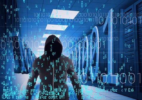 Composition of binary coding over hacker in hood in tech room with computer Foto stock