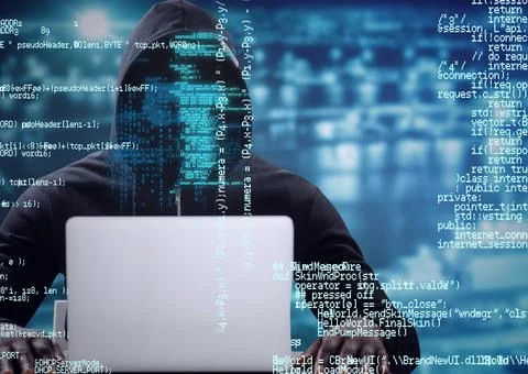 Composition of binary coding over hacker in hood using laptop Stock-Fotos