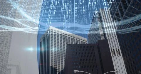Composition of binary coding over modern office buildings background Stock Illustration